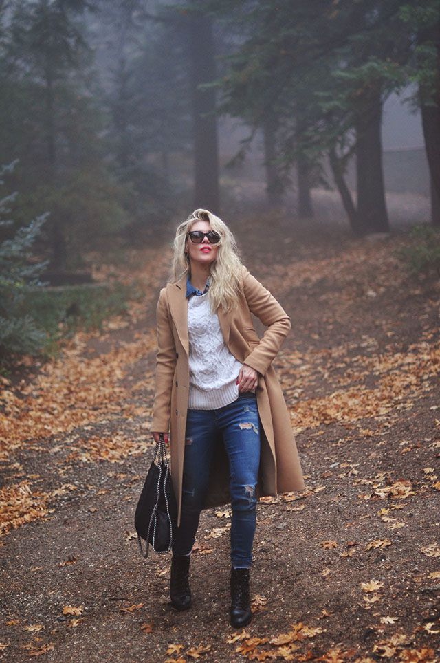 classic jeans and sweater winter outfit with a camel coat