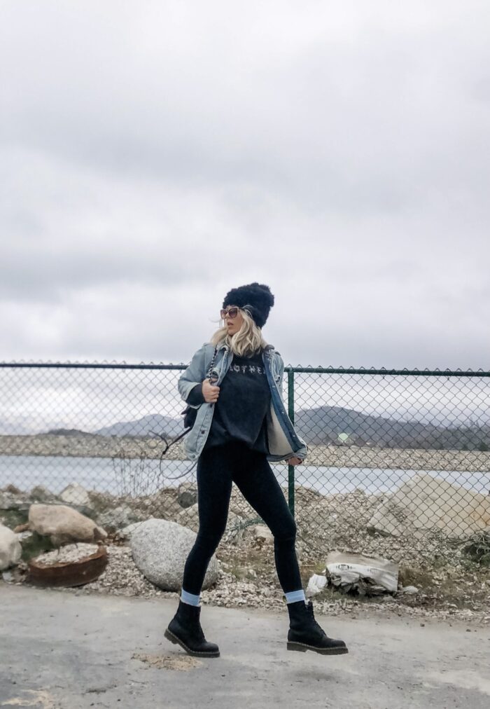 90s style, leggings and docs, dr martens, oversized denim jacket, MOTHER tee, distressed long sleeve t-shirt, lake arrowhead