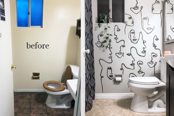 before and after small bathroom makeover with hand painted wall art