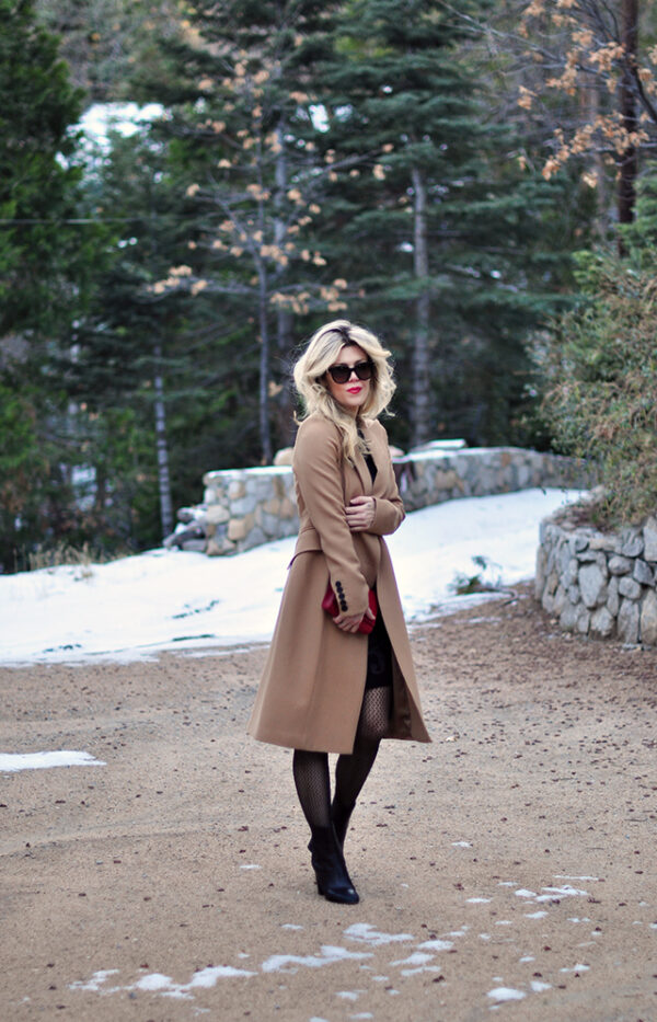 how to wear a camel coata, camel coat with black dress, winter style