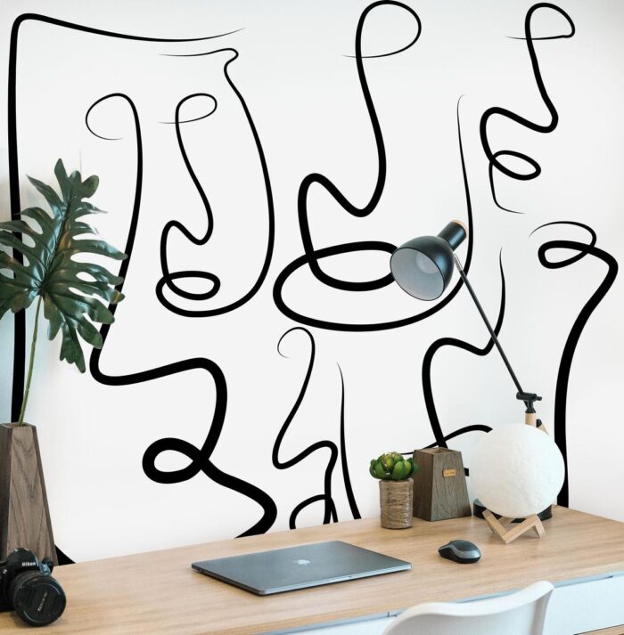 hand painting abstract line art faces on the wall, wallpaper alternative, painted wallpaper