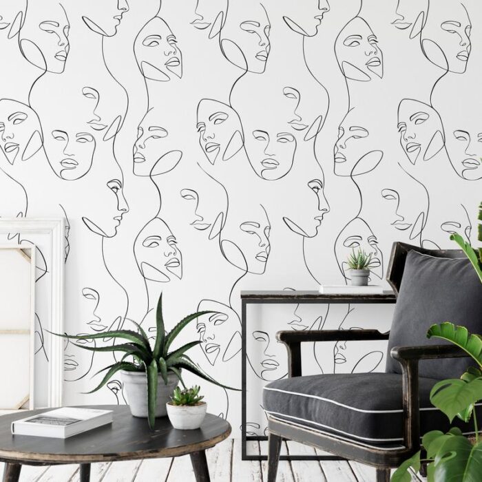 hand painting abstract line art faces on the wall, wallpaper alternative, painted wallpaper