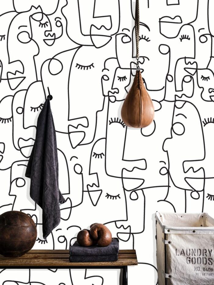 hand painting abstract line art faces on the wall, wallpaper alternative, painted wallpaper