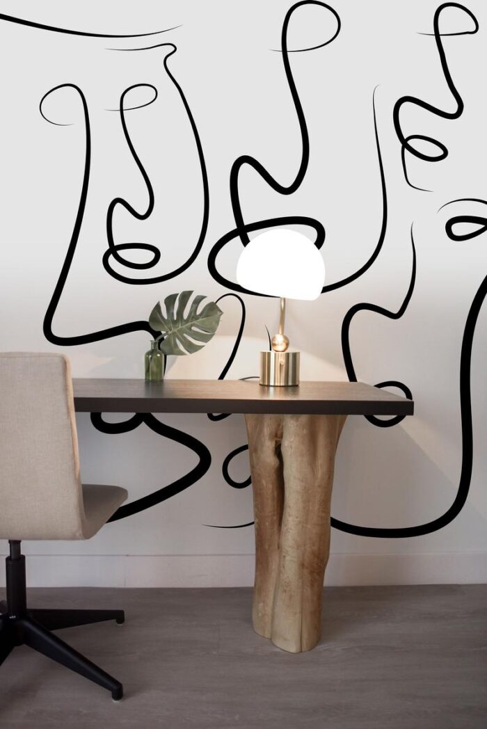 hand painting abstract line art faces on the wall, wallpaper alternative, painted wallpaper