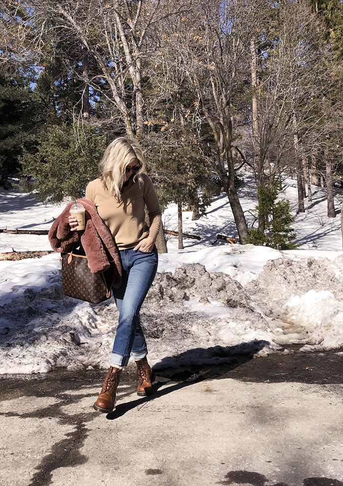 winter style, outfit in the snow, jeans and dr martens, faux fur coat, louis vuitton neverfull mm bag, style blogger, lake arrowhead, love  maegan