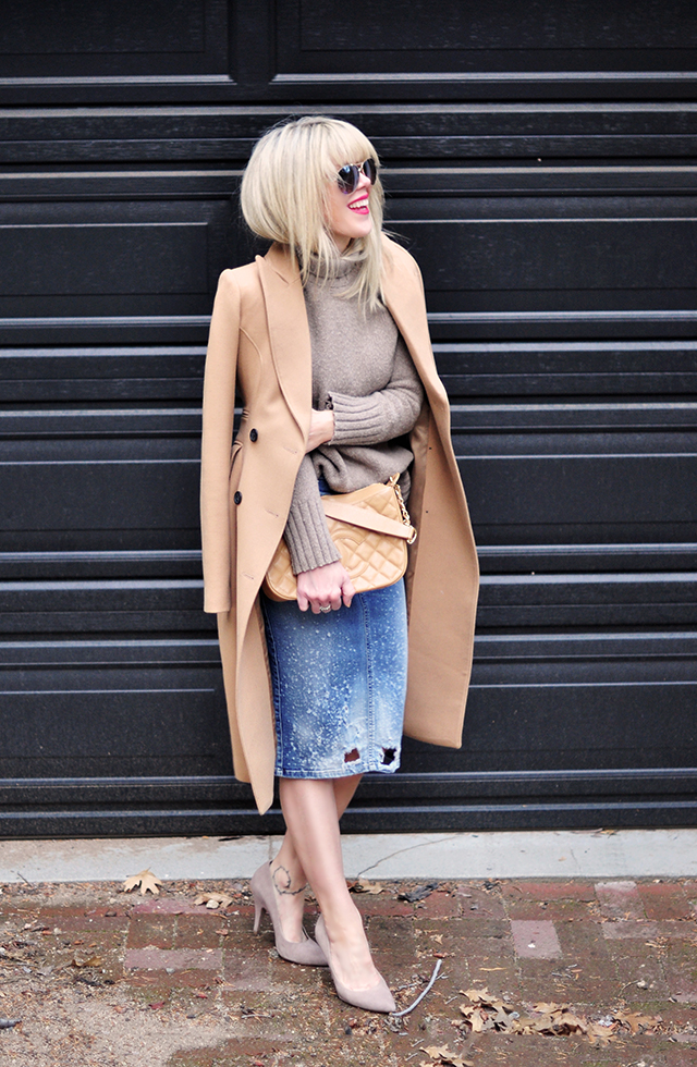 how to wear a camel coat, distressed denim skirt with a sweater, nude heels, camel coat by SMYTHE