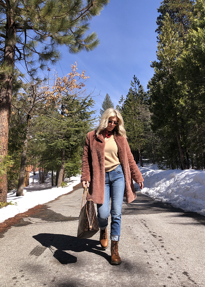 winter style, outfit in the snow, jeans and dr martens, faux fur coat, louis vuitton neverfull mm bag, style blogger, lake arrowhead, love maegan