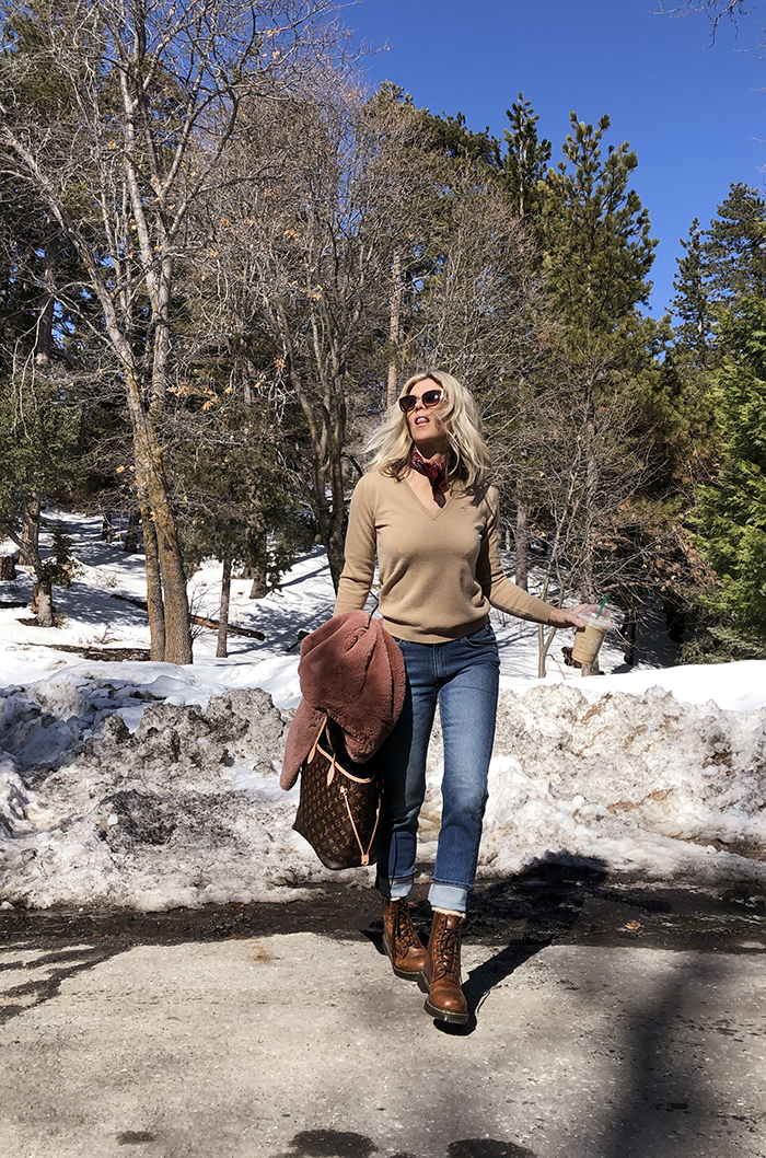 winter style, outfit in the snow, jeans and dr martens, faux fur coat, louis vuitton neverfull mm bag, style blogger, lake arrowhead, love maegan