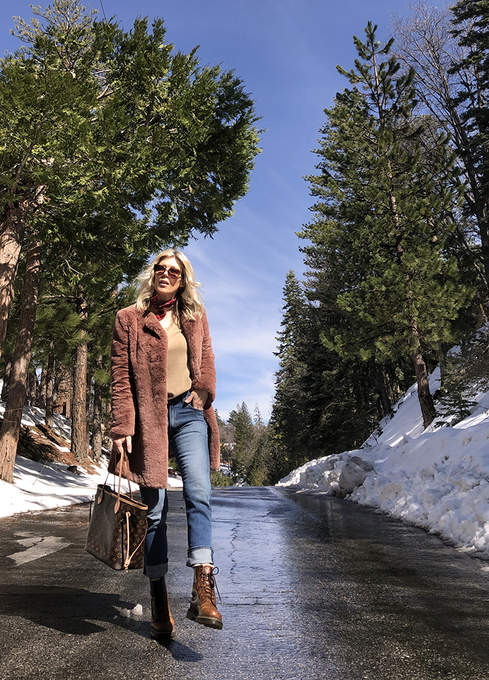 winter style, outfit in the snow, jeans and dr martens, faux fur coat, louis vuitton neverfull mm bag, style blogger, lake arrowhead, love maegan