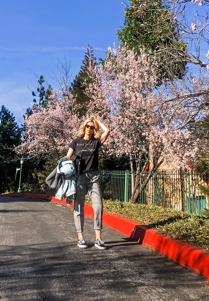 casual cool spring outfit, cherry blossom trees blooming, blue skies, lake arrowhead