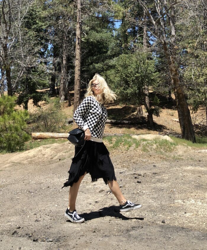 checkered sweatshirt, vans, old skool vans, black and white outfit, casual style, dress with sweatshirt, spring style, spring outfit, fit check