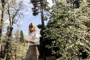 spring style, leopard slip dress with cropped sweatshirt and adidas sneakers, lake arrowhead, dogwood trees blooming