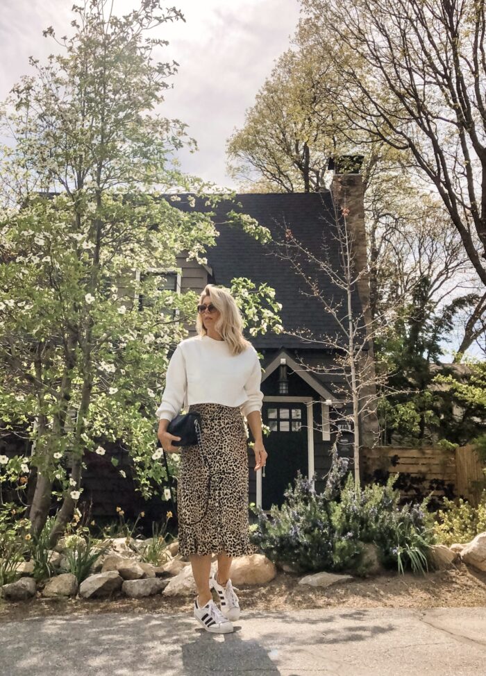 spring style, leopard slip dress with cropped sweatshirt and adidas sneakers, lake arrowhead, dogwood trees blooming