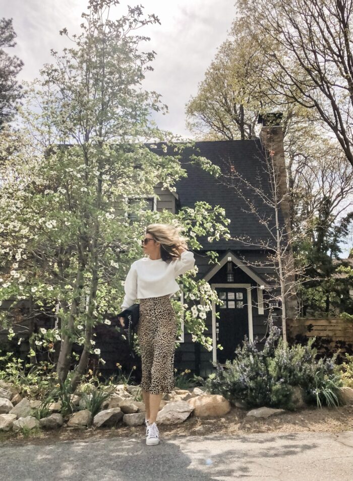 spring style, leopard slip dress with cropped sweatshirt and adidas sneakers, lake arrowhead, dogwood trees blooming, lake arrowhead, california style, summer outfit