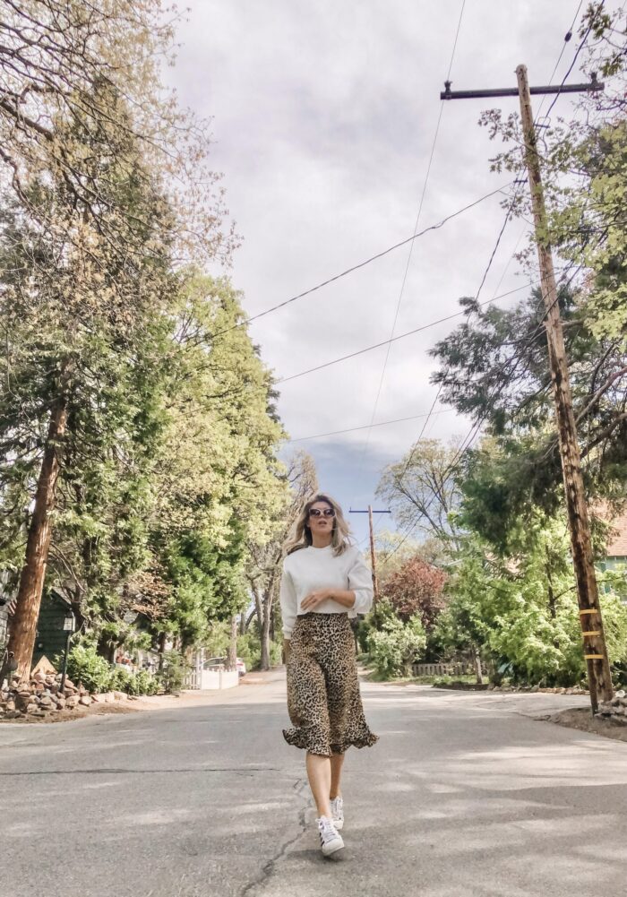 spring style, leopard slip dress with cropped sweatshirt and adidas sneakers, lake arrowhead, dogwood trees blooming