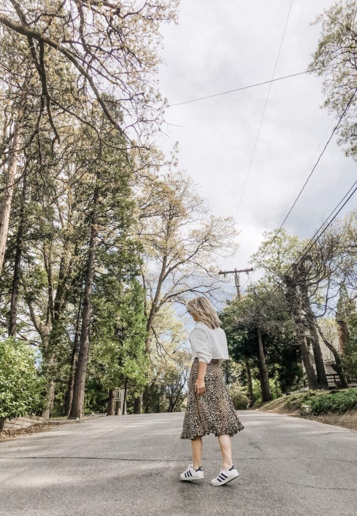 spring style, leopard slip dress with cropped sweatshirt and adidas sneakers, lake arrowhead, dogwood trees blooming, lake arrowhead, summer outfits