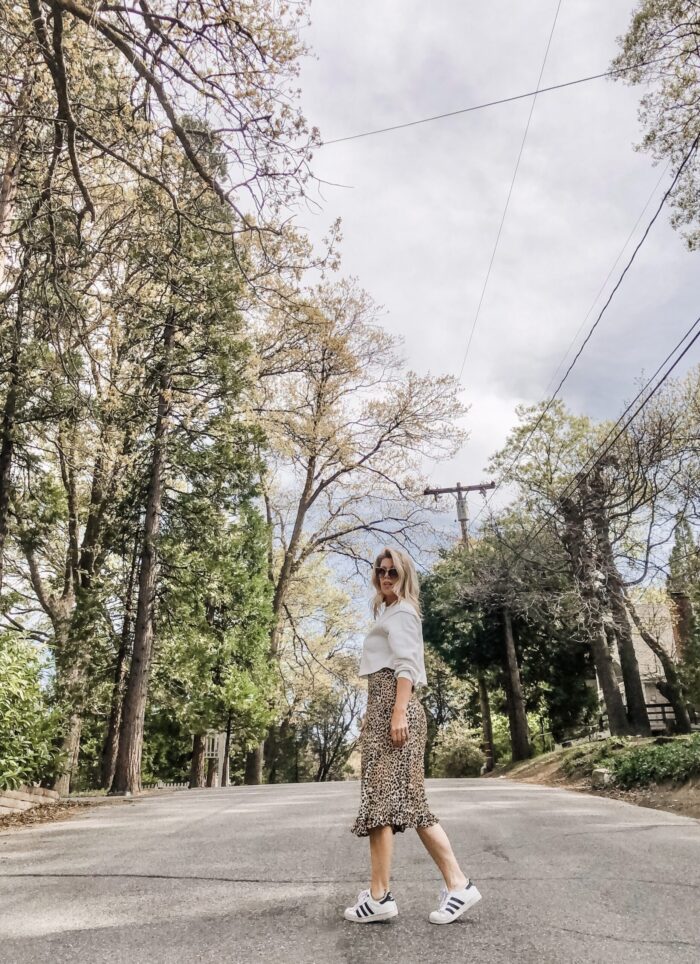 spring style, leopard slip dress with cropped sweatshirt and adidas sneakers, lake arrowhead, dogwood trees blooming, lake arrowhead