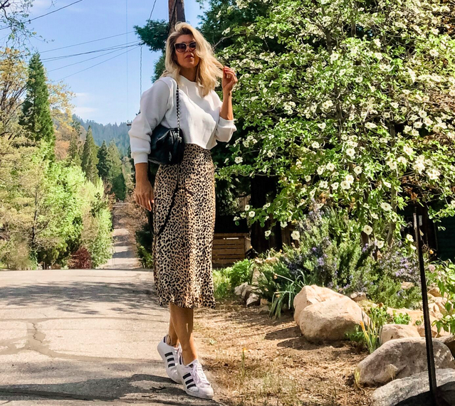 spring style, leopard slip dress with cropped sweatshirt and adidas sneakers, lake arrowhead, dogwood trees blooming