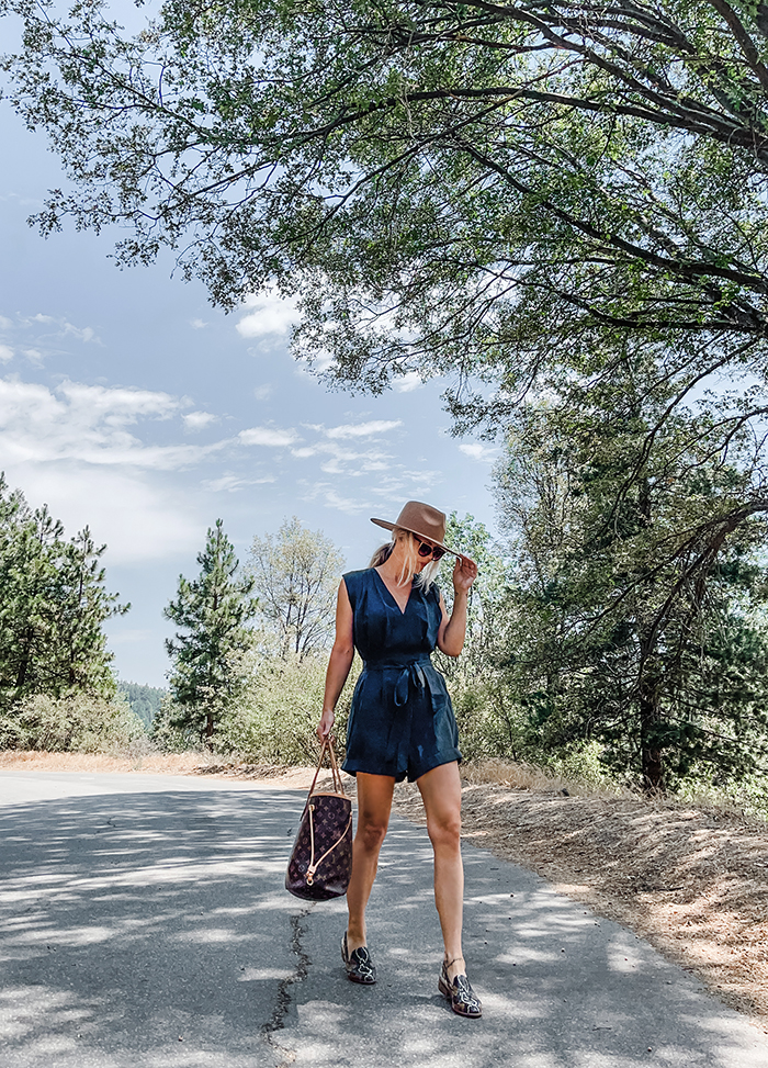 Summer style, silk romper, snakeskin flats, louis vuitton neverfull MM bag, camel wide brim hat, lake arrowhead, california fashion bloggers