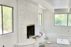 painted white interior, painted brick fireplace mantel, 60s lake house in lake arrowhead, z painting