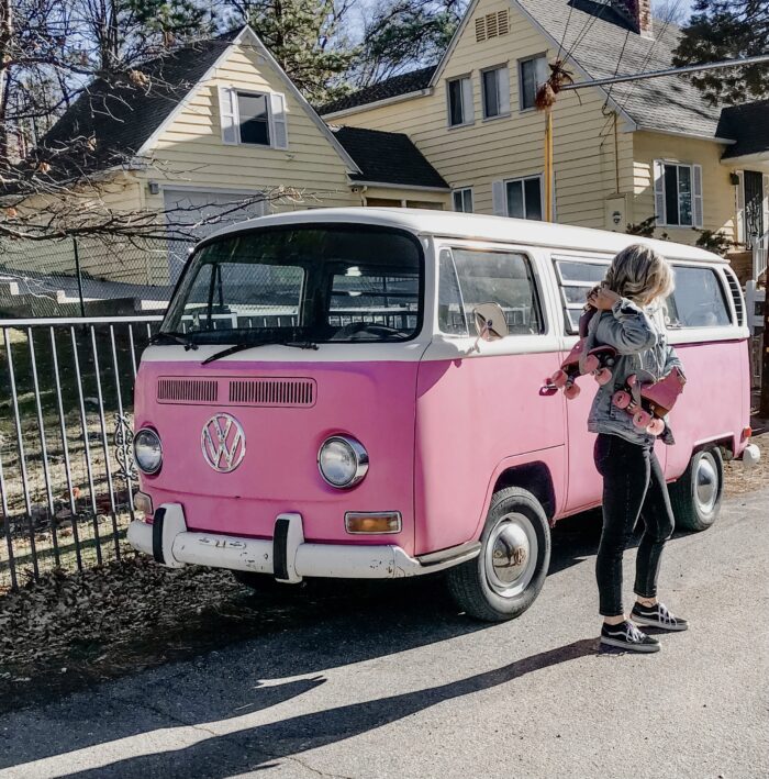 late summer style, pink VW volkswagon bus, california style, retro cars, vintage volkswagon bus, van, pink cars, pink, roller skates, pink skates, lake arrowhead, roller skating 