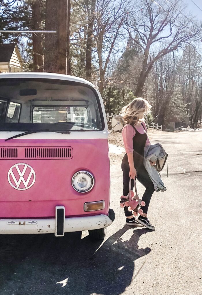 late summer style, pink VW volkswagon bus, california style, retro cars, vintage volkswagon bus, van, pink cars, pink, roller skates, pink skates, lake arrowhead, roller skating 