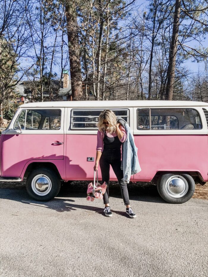 late summer style, pink VW volkswagon bus, california style, retro cars, vintage volkswagon bus, van, pink cars, pink, roller skates, pink skates, lake arrowhead, roller skating 