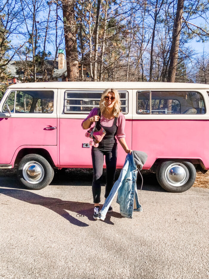 late summer style, pink VW volkswagon bus, california style, retro cars, vintage volkswagon bus, van, pink cars, pink, roller skates, pink skates, lake arrowhead, roller skating 