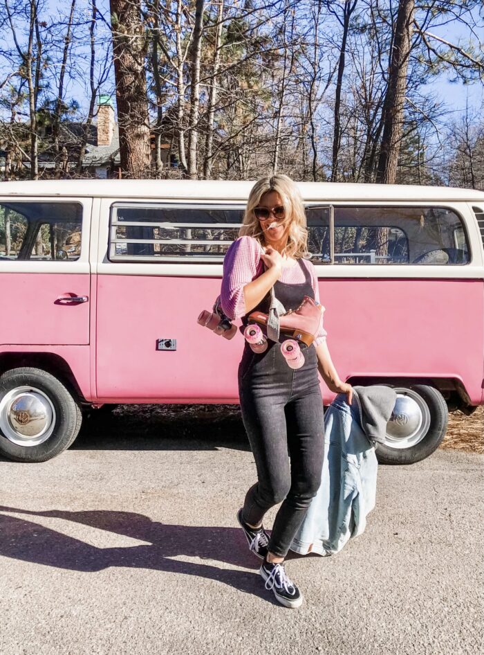 late summer style, pink VW volkswagon bus, california style, retro cars, vintage volkswagon bus, van, pink cars, pink, roller skates, pink skates, lake arrowhead, roller skating 
