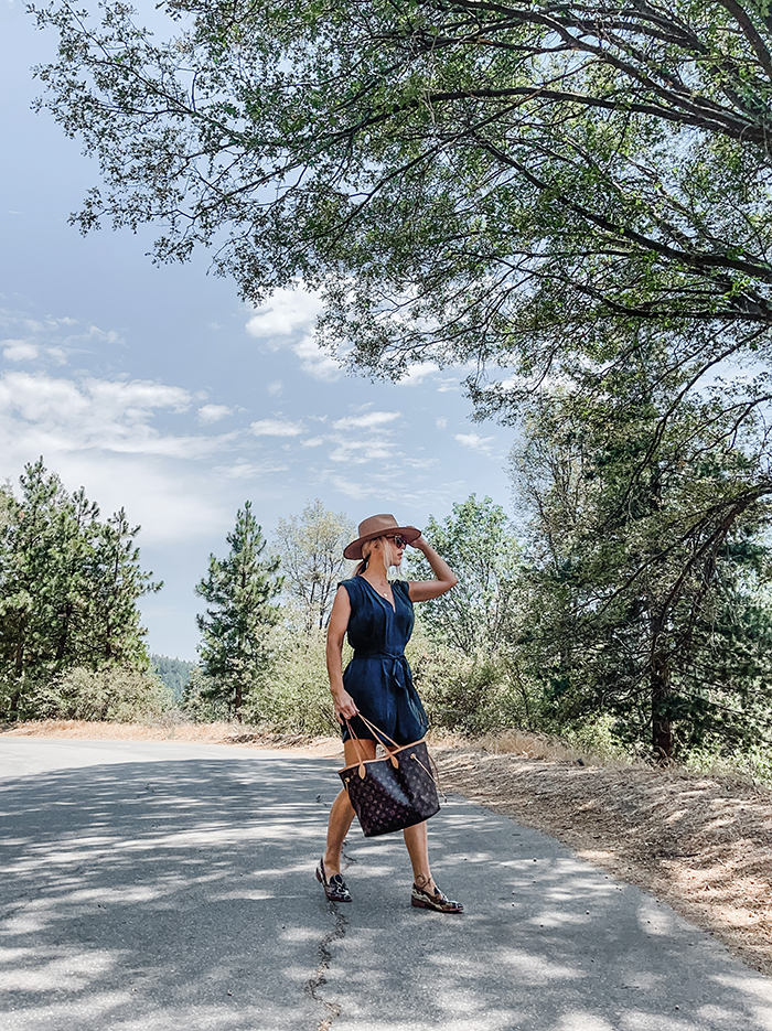 Summer style, silk romper, snakeskin flats, louis vuitton neverfull MM bag, camel wide brim hat, lake arrowhead, california fashion bloggers