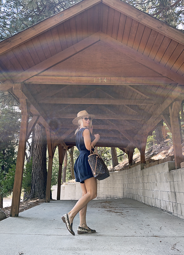 Summer style, silk romper, snakeskin flats, louis vuitton neverfull MM bag, camel wide brim hat, lake arrowhead, california fashion bloggers