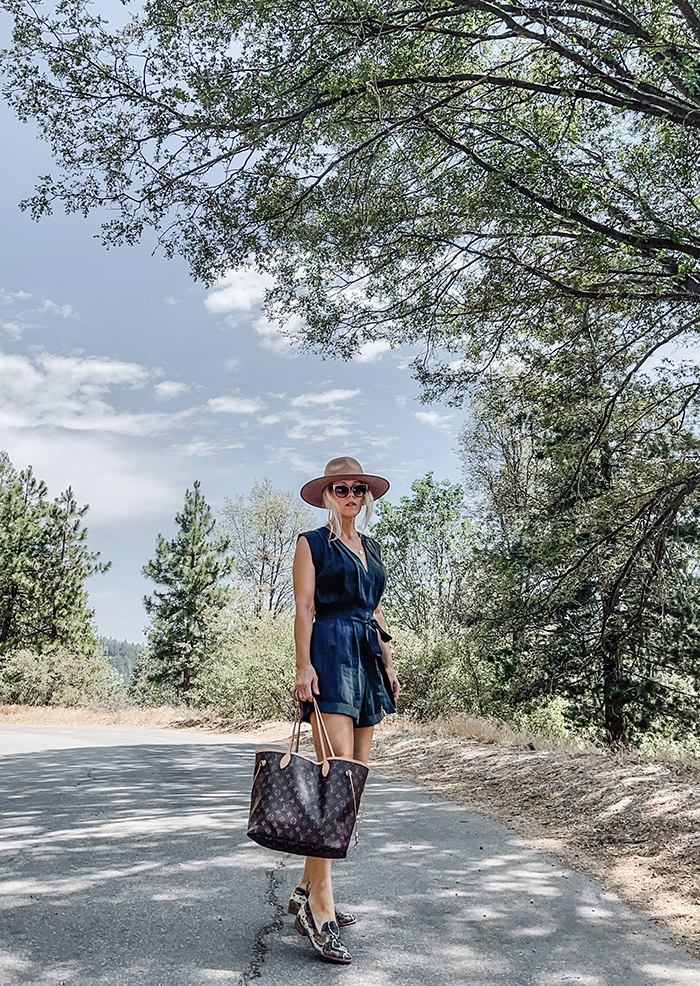 Summer style, silk romper, snakeskin flats, louis vuitton neverfull MM bag, camel wide brim hat, lake arrowhead, california fashion bloggers