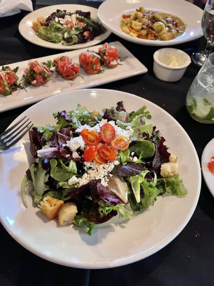 tabletop view, food, restaurant, appetizers, salads, antlers in twin peaks, dinner