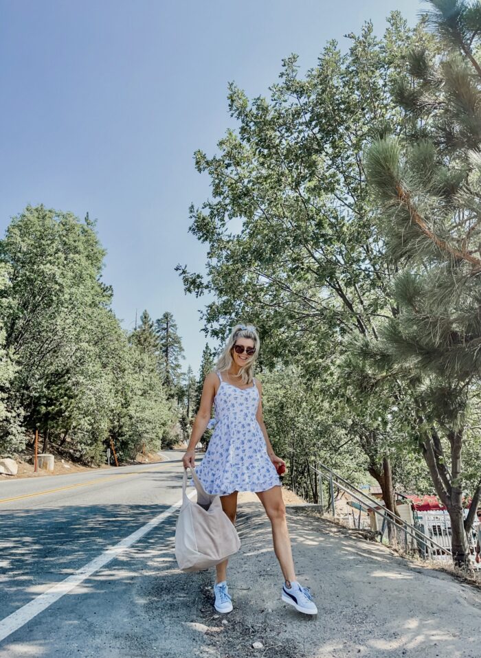 white sundress with blue flowers, on the lake, lake arrowhead, water, seascape, lakes in california, lakes near los angeles, summer style, lake life, lake dress, on a dock, boat life, docks in lake arrowhead, summer fashion