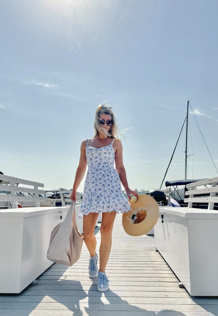 white sundress with blue flowers, on the lake, lake arrowhead, water, seascape, lakes in california, lakes near los angeles, summer style, lake life, lake dress, on a dock, boat life, docks in lake arrowhead, summer fashion