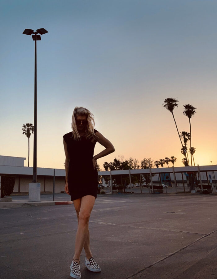 little black dress, tank dress, dresses with vans, checkered vans, dresses and tennis shoes, palm trees, sunset, city sunset, california sunset, palms and parking lots, parking lot sunset, san bernardino