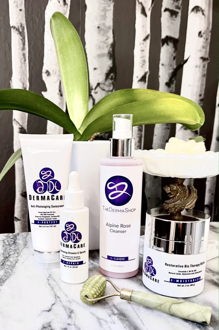 the derma shop skincare line, derma care, thedermashop beauty routine, blogger beauty, skincare, face, serums, vitamin c serum, moisturizers, skincare routine, tree lined wallpaper
