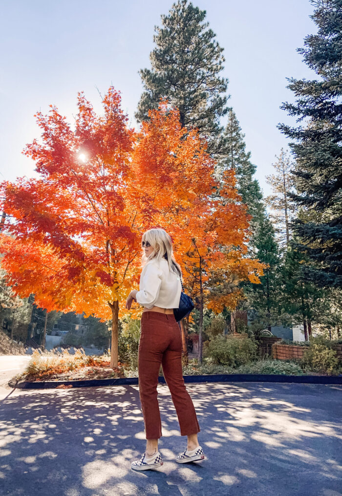 rust corduroy pants, fall style, fall outfits, fall trees, orange leaves, lake arrowhead, cropped sweatshirt, crop top