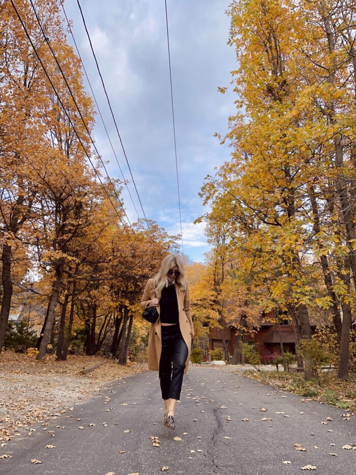 fall style, camel coat, black and camel, fall colors, fall vibes, autumn, orange leaves, lake arrowhead, style over 40, LA bloggers, blogs, style blogs, fashion blogs, loafers