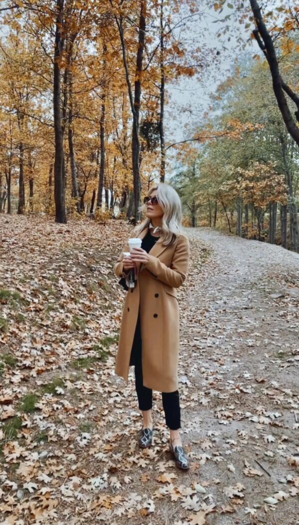 fall style, camel coat, tree lined street, fall colors, falling leaves, orange leaves, autumn, fall aesthetic, style over 40, camel and black outfit