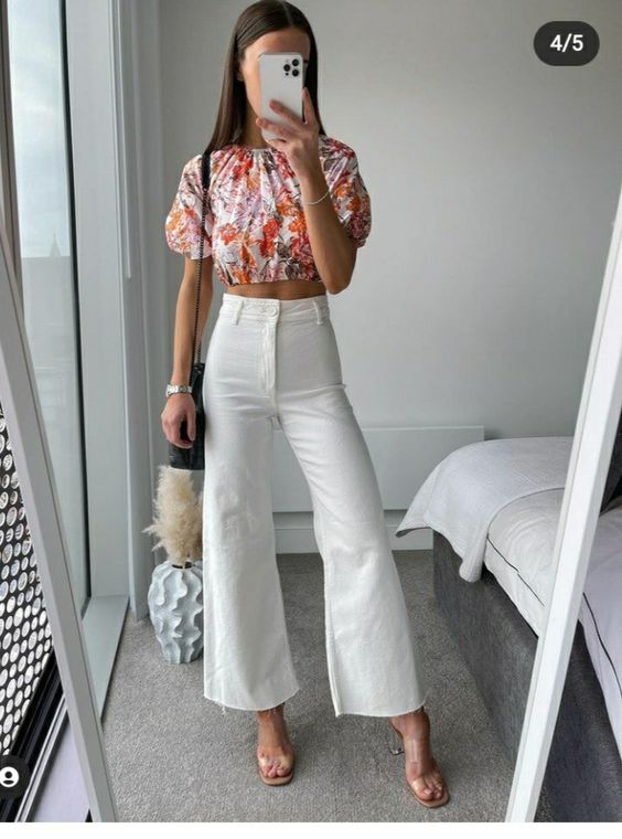 how to wear white ivory wide straight leg cropped jeans