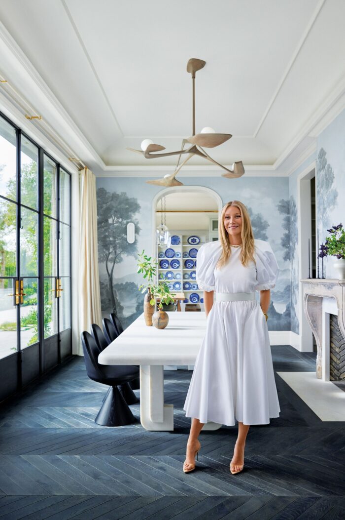 gwyneth paltrows home on architectural digest - dining room, blue dining room, contemporary meets old world