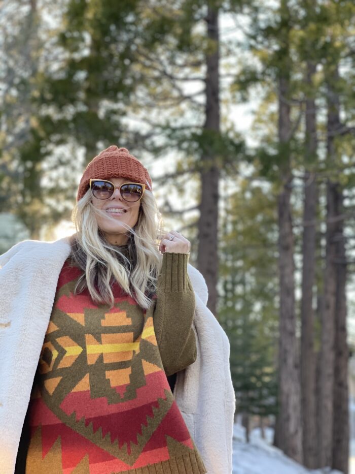 cute winter style, winter outfits in the snow, lake arrowhead, pendleton, monochromatic outfit, rust and brown outfit, docs, winter outfit with dr martens, shearling coat, cropped pants, rust and brown outfit