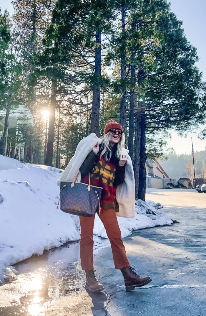 cute winter style, winter outfits in the snow, lake arrowhead, monochromatic outfit, rust and brown outfit, docs, winter outfit with dr martens, shearling coat, cropped pants, rust and brown outfit