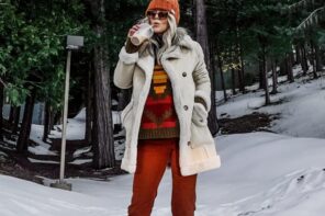 cute winter style, winter outfits in the snow, lake arrowhead, monochromatic outfit, rust and brown outfit, docs, winter outfit with dr martens, shearling coat, cropped pants, rust and brown outfit