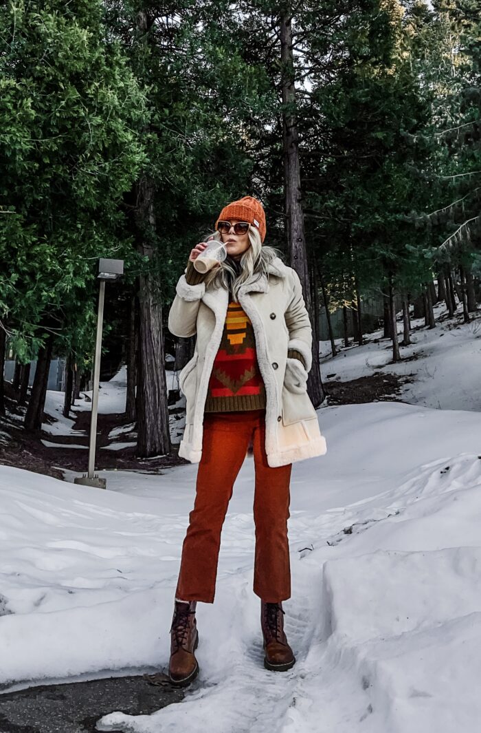 cute winter style, winter outfits in the snow, lake arrowhead, monochromatic outfit, rust and brown outfit, docs, winter outfit with dr martens, shearling coat, cropped pants, rust and brown outfit