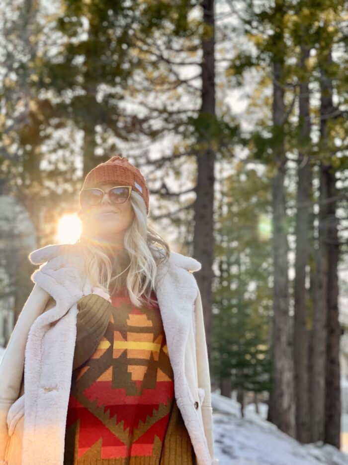 cute winter style, winter outfits in the snow, lake arrowhead, monochromatic outfit, rust and brown outfit, docs, winter outfit with dr martens, shearling coat, cropped pants, rust and brown outfit