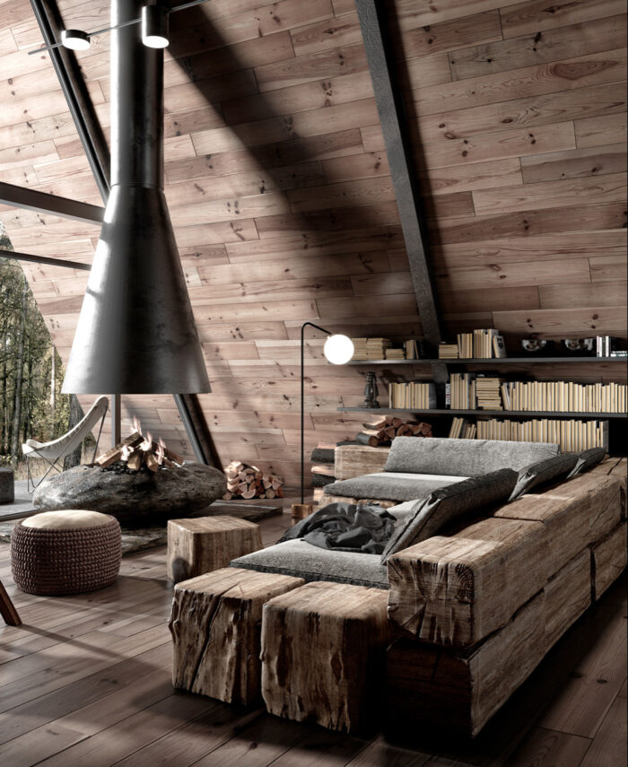 a-frame cabin, lake tahoe, lake arrowhead, california, california mountain forest towns, interiors, design, wood, cabins, cabin in the woods, aframe cabin in the woods, fog, trees