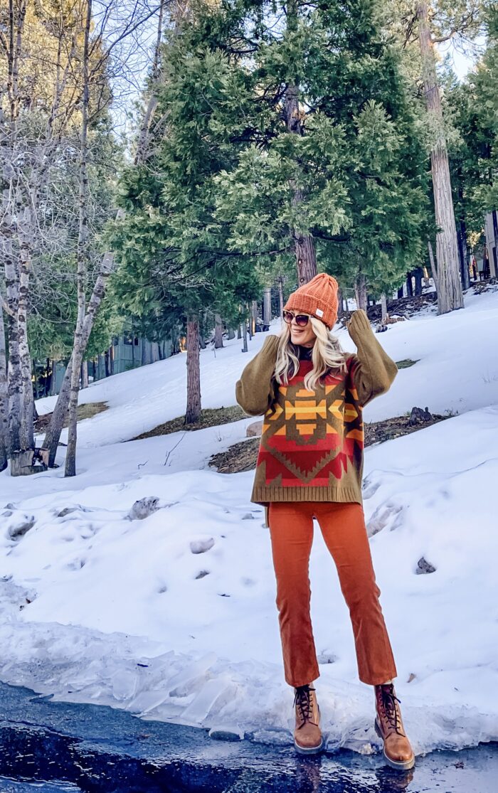 cute winter style, winter outfits in the snow, lake arrowhead, monochromatic outfit, rust and brown outfit, docs, winter outfit with dr martens, shearling coat, cropped pants, rust and brown outfit