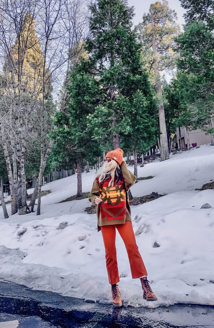 cute winter style, winter outfits in the snow, lake arrowhead, monochromatic outfit, rust and brown outfit, docs, winter outfit with dr martens, shearling coat, cropped pants, rust and brown outfit